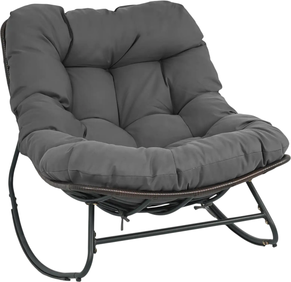 Gray outdoor Papasan rocking chair with thick cushion, ergonomic design, and durable PE rattan for comfortable.