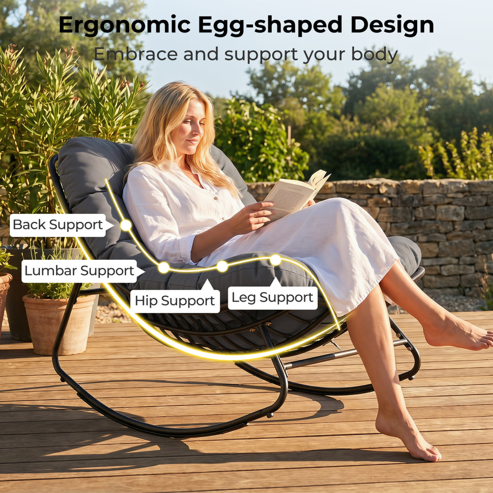 Outdoor Papasan rocking chair with thick gray cushion, featuring ergonomic design for back and lumbar support, perfect.