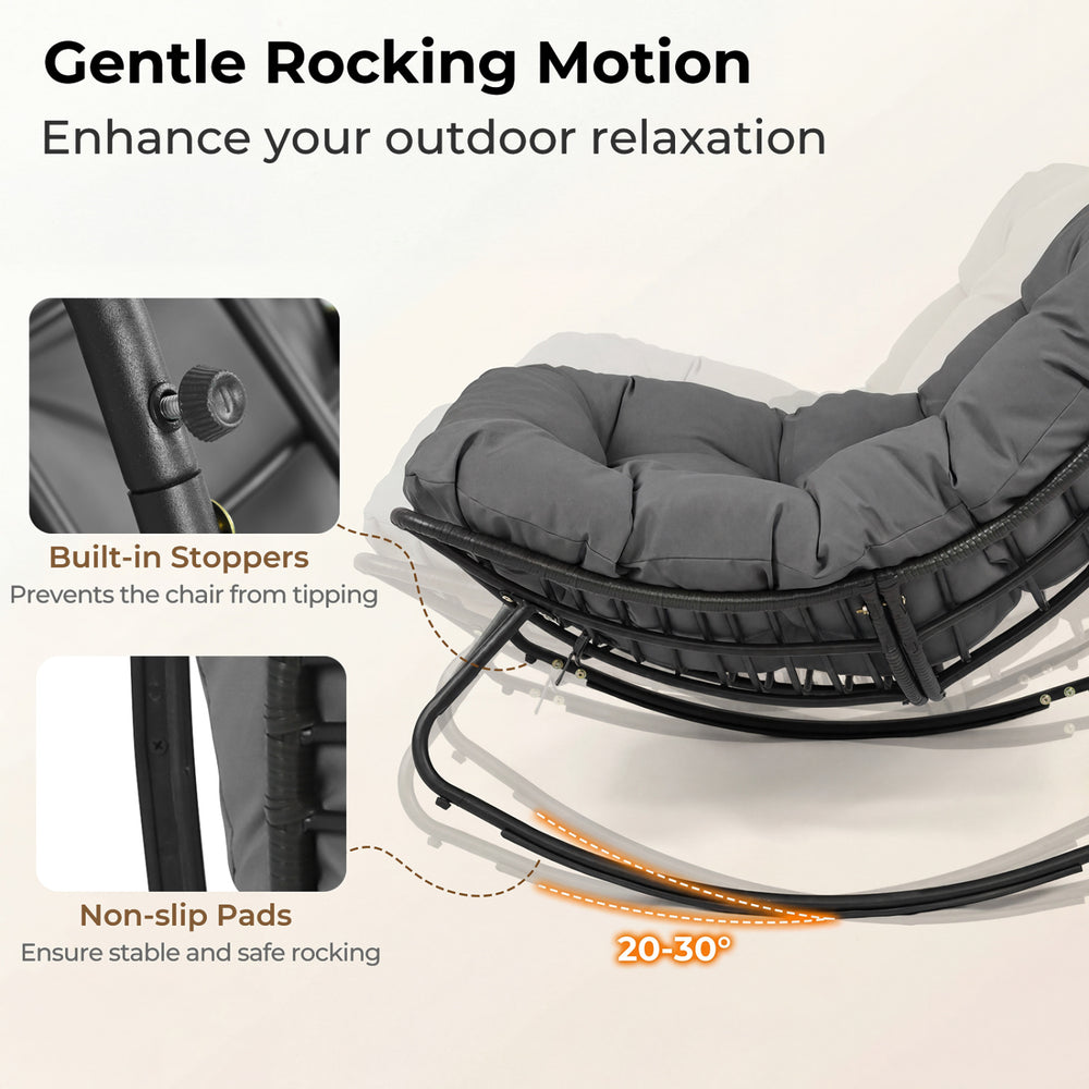 Close-up of the Outdoor Papasan Rocking Chair's non-slip pads and built-in stoppers for stable, safe rocking.