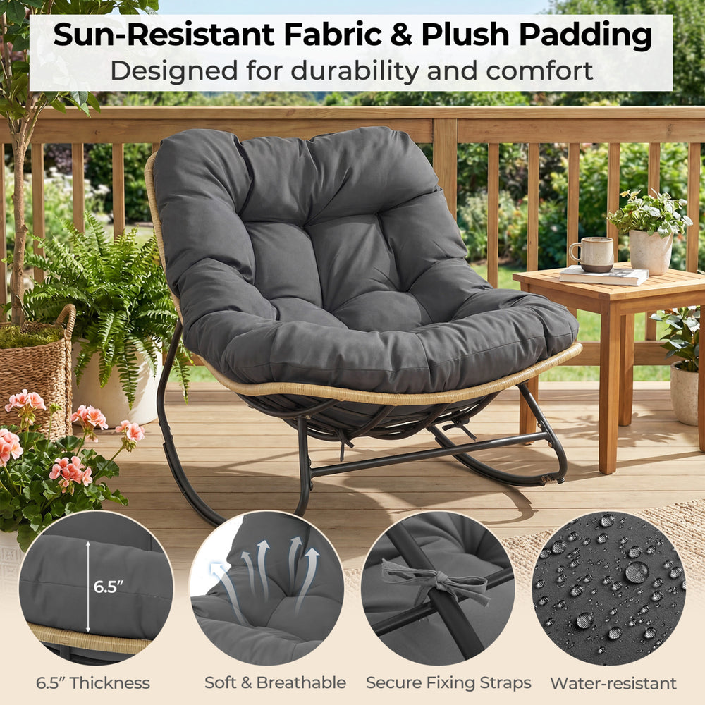 Outdoor Papasan rocking chair with thick gray cushion, 6.5" thickness, sun-resistant fabric, perfect for patio.
