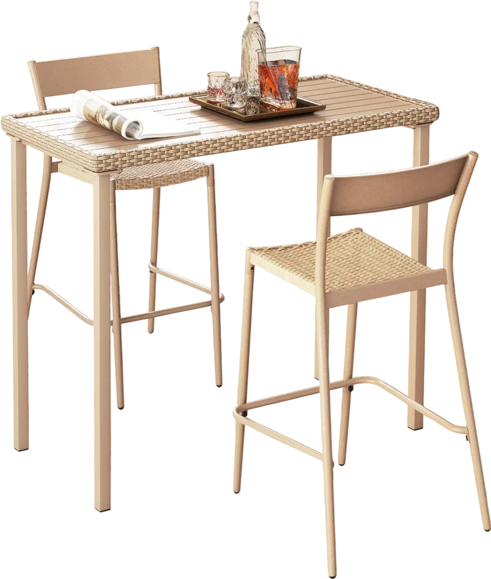 Rectangle outdoor patio bar table with brown woven rattan edge and metal frame, perfect for backyard gatherings.