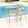 Outdoor patio bar table with a brown metal frame and woven rattan edge, perfect for gatherings by the pool.