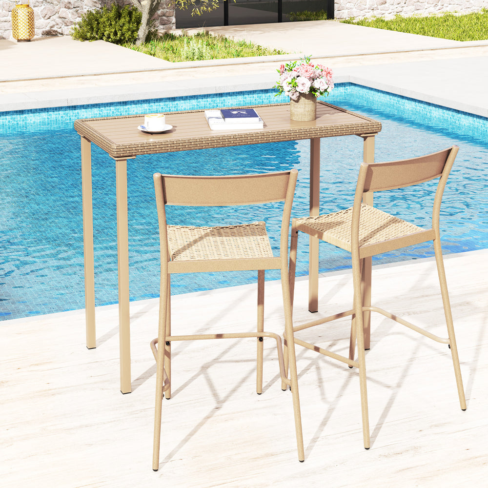 Outdoor patio bar table with a brown metal frame and woven rattan edge, perfect for gatherings by the pool.