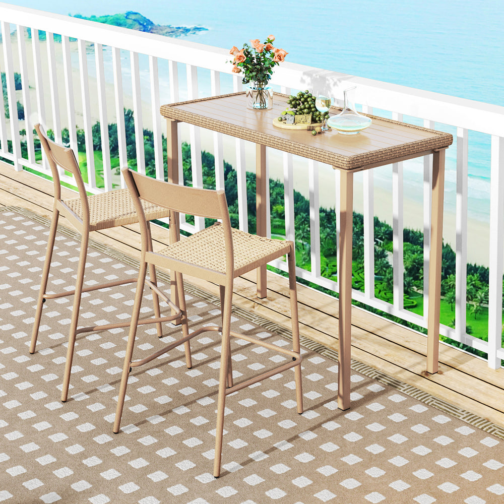 Outdoor patio bar table with a brown woven rattan top and metal frame, ideal for balcony gatherings.