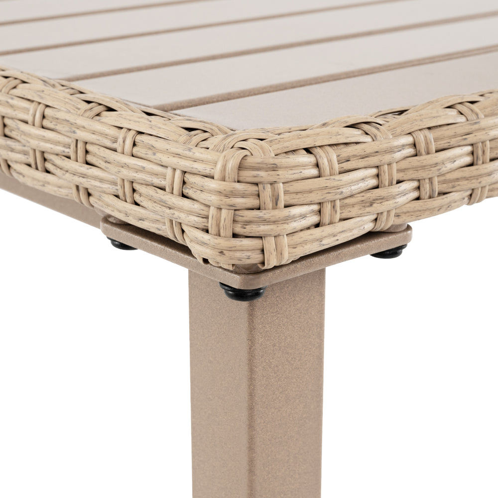Close-up of the woven rattan edge on the outdoor patio bar table with a sturdy metal frame, ideal for gatherings.
