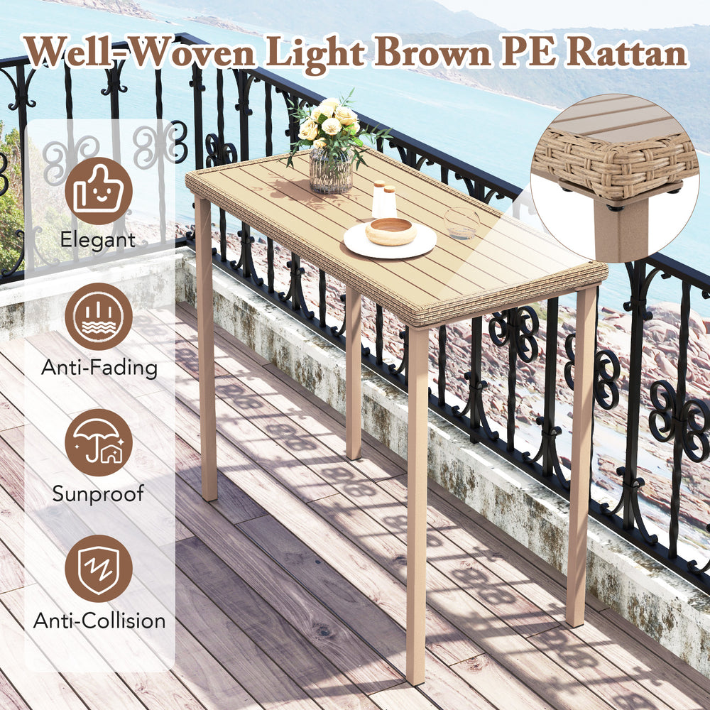 Light brown outdoor patio bar table with metal frame, 48" x 23" top, ideal for gatherings on balcony or porch.