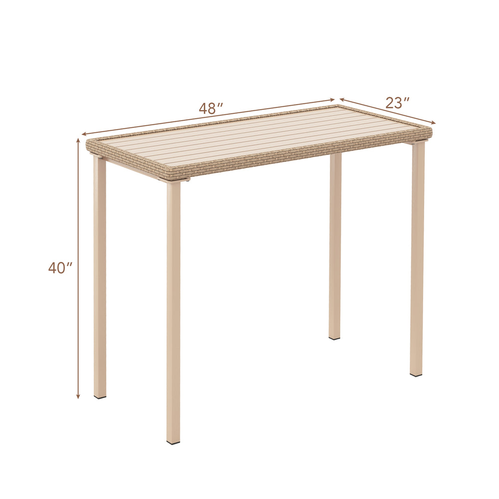 Heavy-duty outdoor patio bar table with a brown metal frame and woven rattan, measuring 48" x 23" for gatherings.