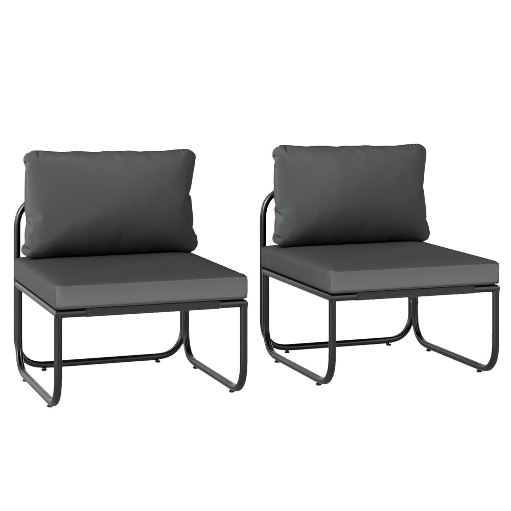Gray outdoor patio chairs set of 2 with removable cushions and adjustable foot pads for comfortable seating.