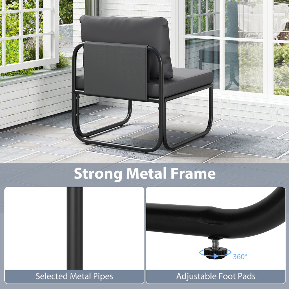 Gray outdoor patio chair with removable cushions, strong metal frame, and adjustable foot pads for added comfort.