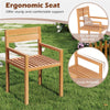 Teak wood armchair with inclined backrest and armrests, ideal for outdoor patio dining and backyard relaxation.