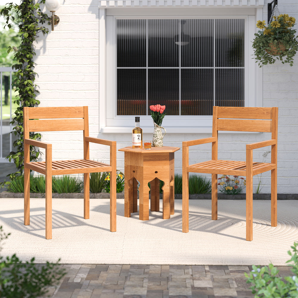 Teak wood armchairs with armrests and a side table, perfect for outdoor patio dining and relaxation.