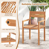 Teak wood armchair with slatted seat, non-slip footpads, and elegant natural finish for outdoor patio use.