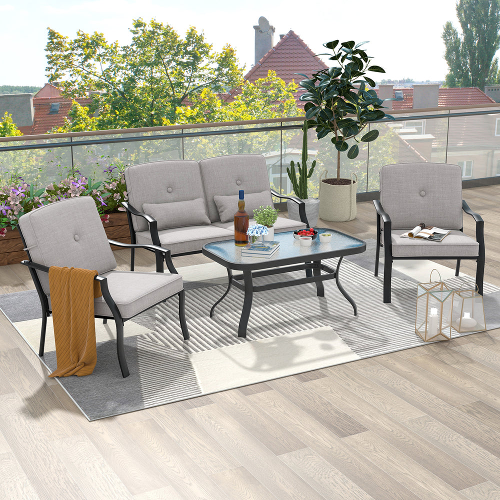 4-piece outdoor conversation set with gray cushions, featuring a tempered glass coffee table for stylish patio.