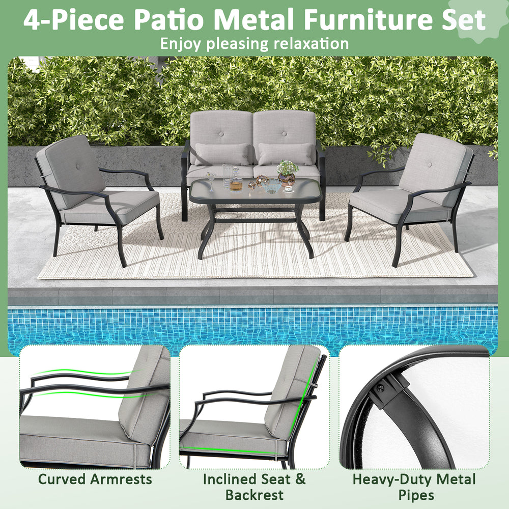 4-piece outdoor conversation set featuring gray cushions, heavy-duty metal frame, and tempered glass coffee table for.