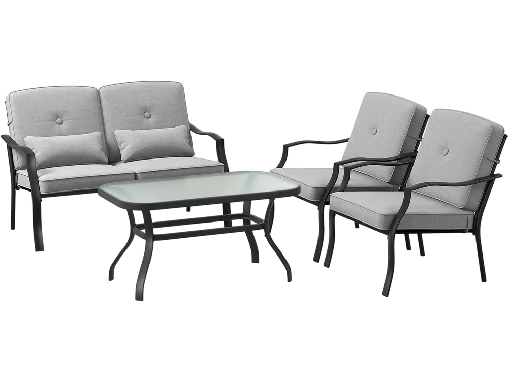 4-piece outdoor conversation set featuring gray cushions, a tempered glass coffee table, and ergonomic design for.