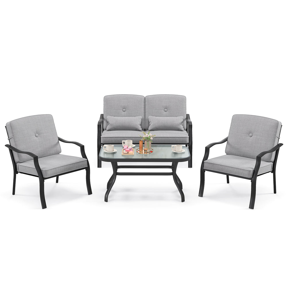 Outdoor conversation set featuring a gray loveseat and two chairs with cushions, perfect for patio relaxation.
