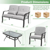 Dimensions of the 4-piece outdoor conversation set with gray cushions, including loveseat and coffee table measurements.