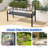 Black patio garden bench with slatted seat, ergonomic backrest, and curved armrests for comfort in outdoor spaces.