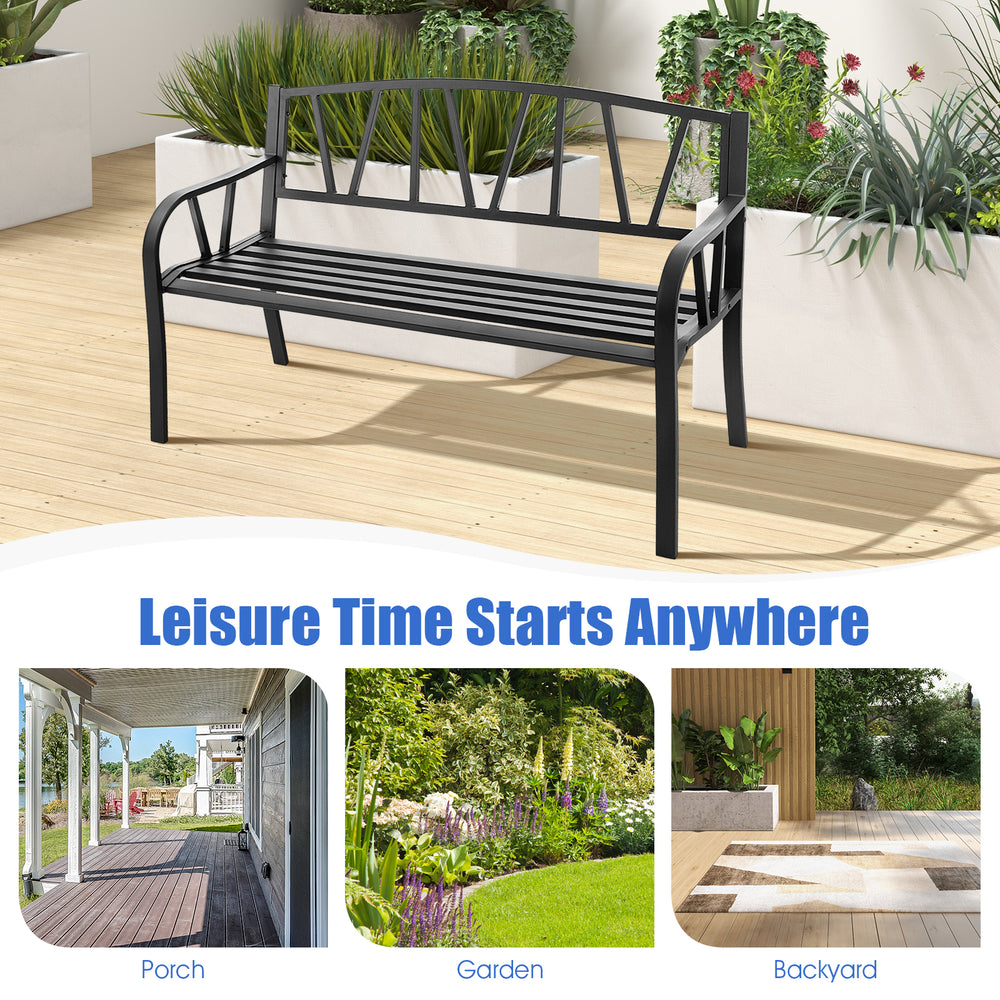 Black patio garden bench with slatted seat, ergonomic backrest, and curved armrests for comfort in outdoor spaces.