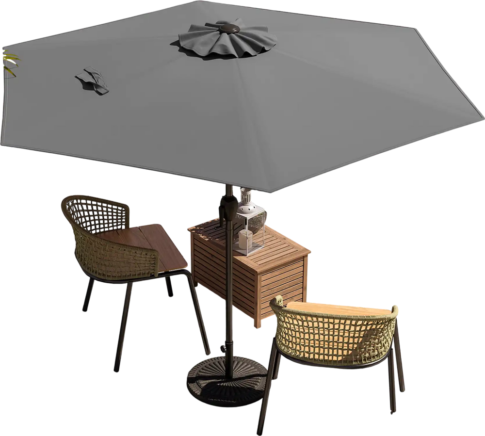 Gray 7.5 feet outdoor patio umbrella with push button tilt, featuring a sturdy structure and air vent for stability.