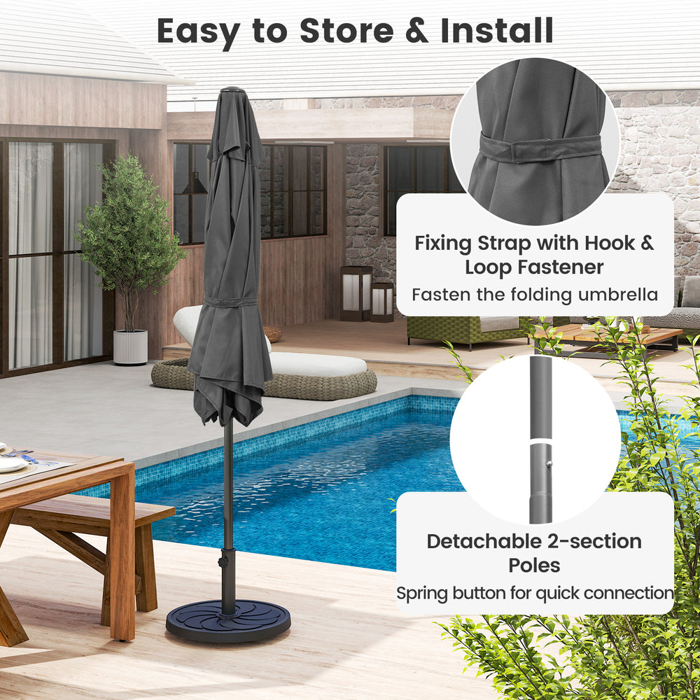 Gray 7.5 feet outdoor patio umbrella with detachable 2-section poles and fixing strap for easy storage and installation.