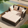 Outdoor patio rattan daybed in beige with soft cushions and retractable canopy, perfect for poolside relaxation.