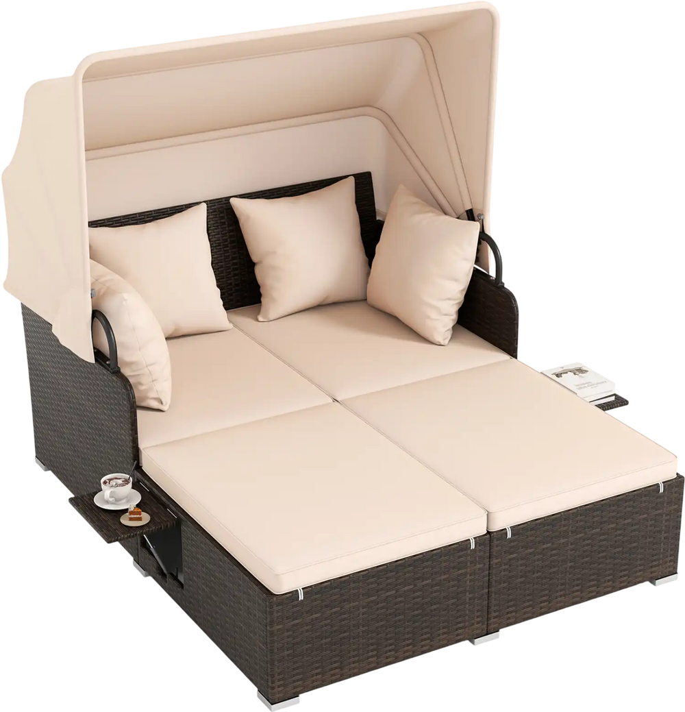 Outdoor patio rattan daybed with retractable canopy, soft cushions, and side tables for backyard relaxation.