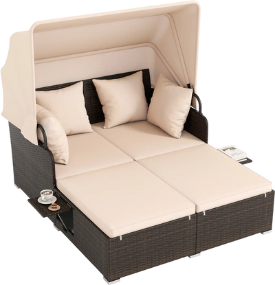 Costway Outdoor Patio Rattan Daybed Retractable Canopy Side Tables 37346458 New