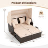 Outdoor patio rattan daybed with retractable canopy, beige cushions, and side tables, ideal for backyard relaxation.