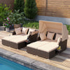 Outdoor patio rattan daybed with beige cushions and retractable canopy, perfect for poolside relaxation.
