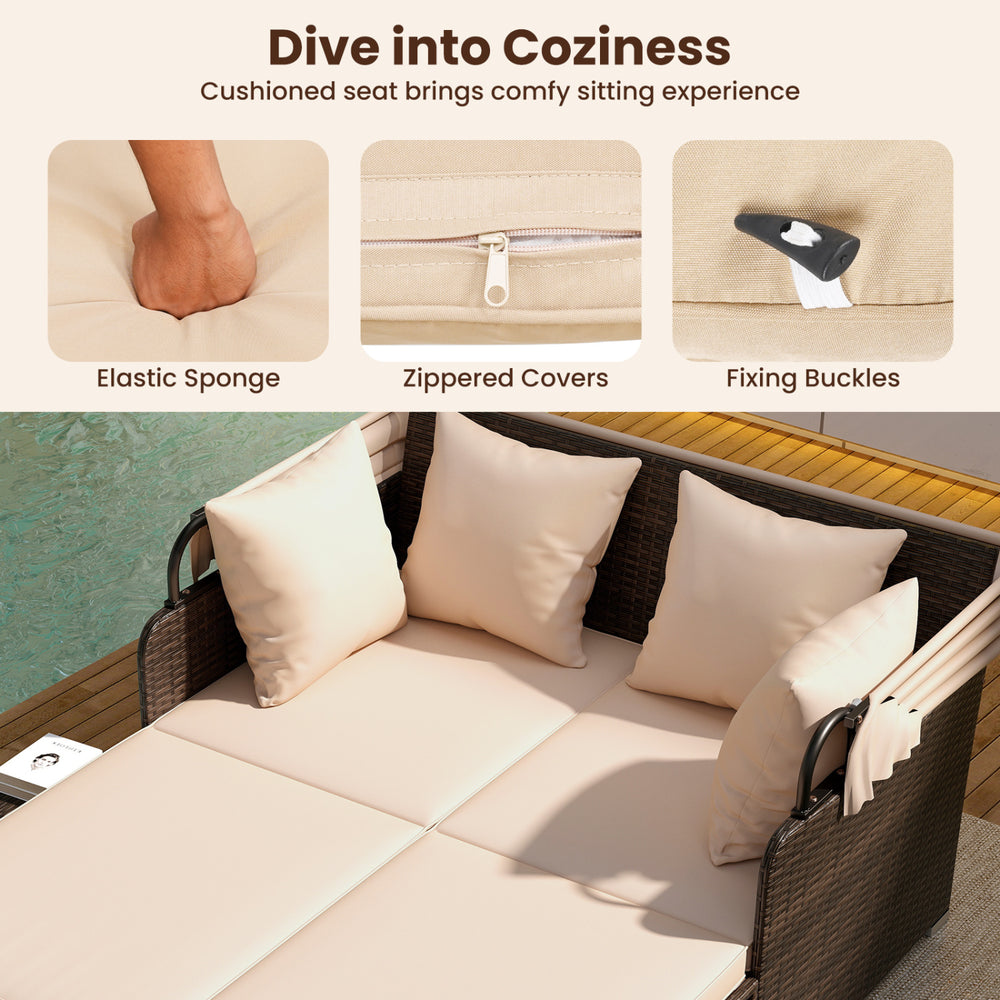 Outdoor patio rattan daybed with beige cushions, zippered covers, and fixing buckles for easy maintenance and comfort.