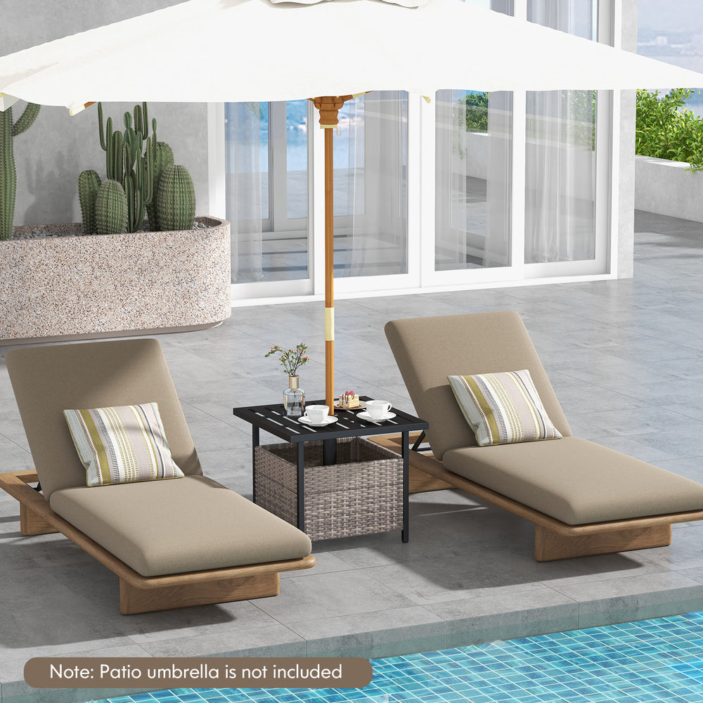 Gray outdoor patio side deck table made of powder-coated steel and PE rattan, featuring an umbrella hole and storage.