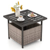Gray outdoor patio side deck table with rattan wicker storage, featuring a steel frame and umbrella hole for versatile.