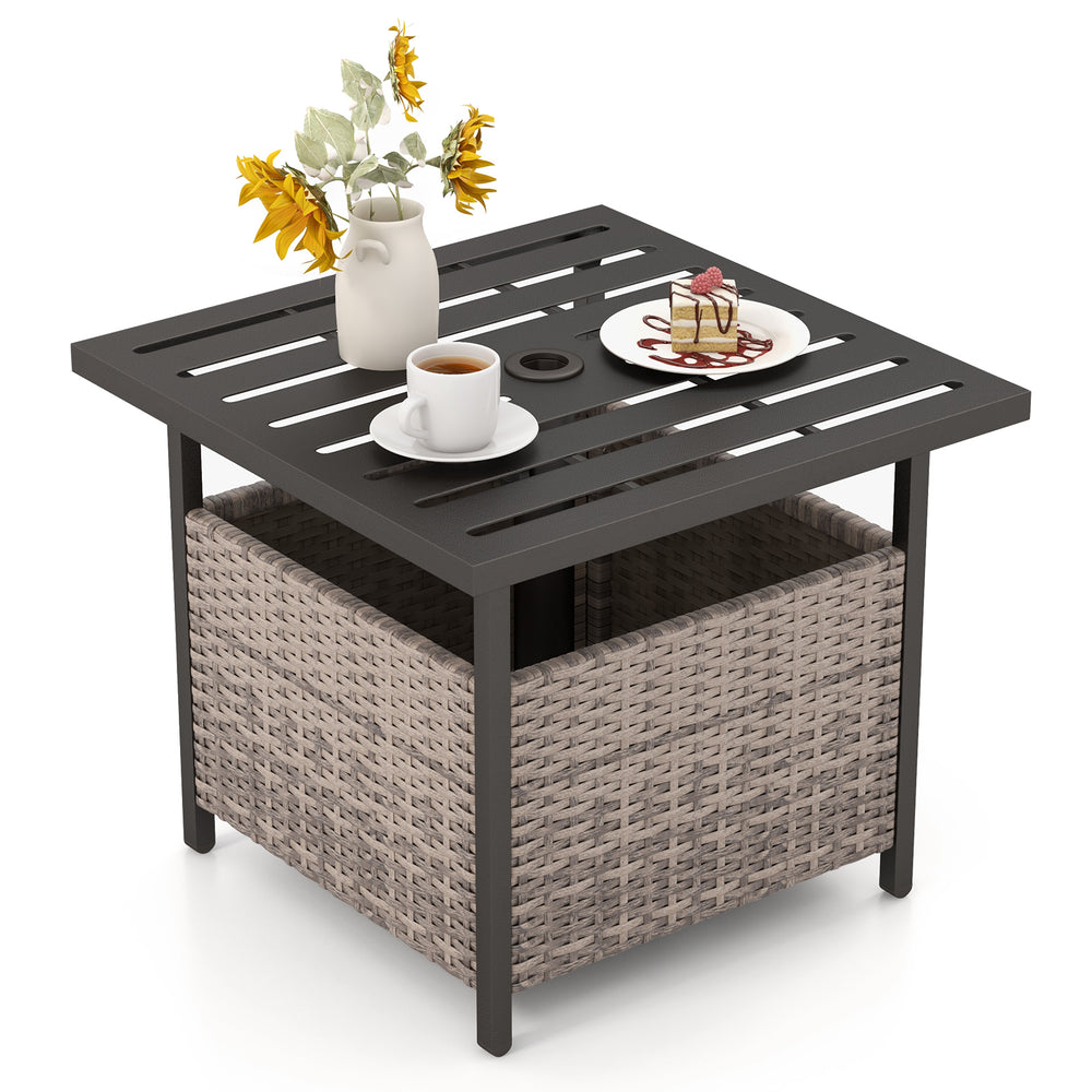 Gray outdoor patio side deck table with rattan wicker storage, featuring a steel frame and umbrella hole for versatile.