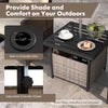 Gray outdoor patio side deck table with a built-in umbrella hole and adjustable holder, made of durable rattan and.
