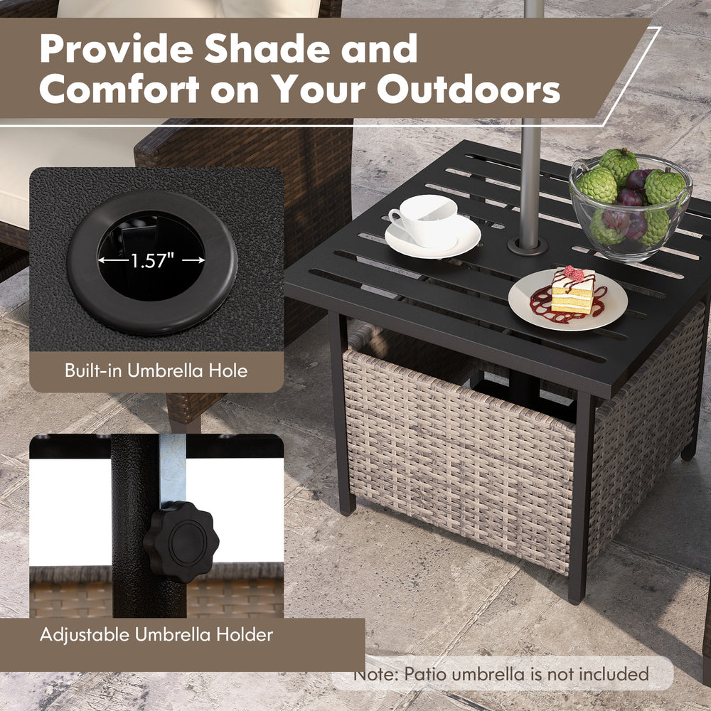 Gray outdoor patio side deck table with a built-in umbrella hole and adjustable holder, made of durable rattan and.