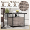 Gray outdoor patio rattan wicker side deck table with umbrella hole, featuring a sturdy steel frame and storage.