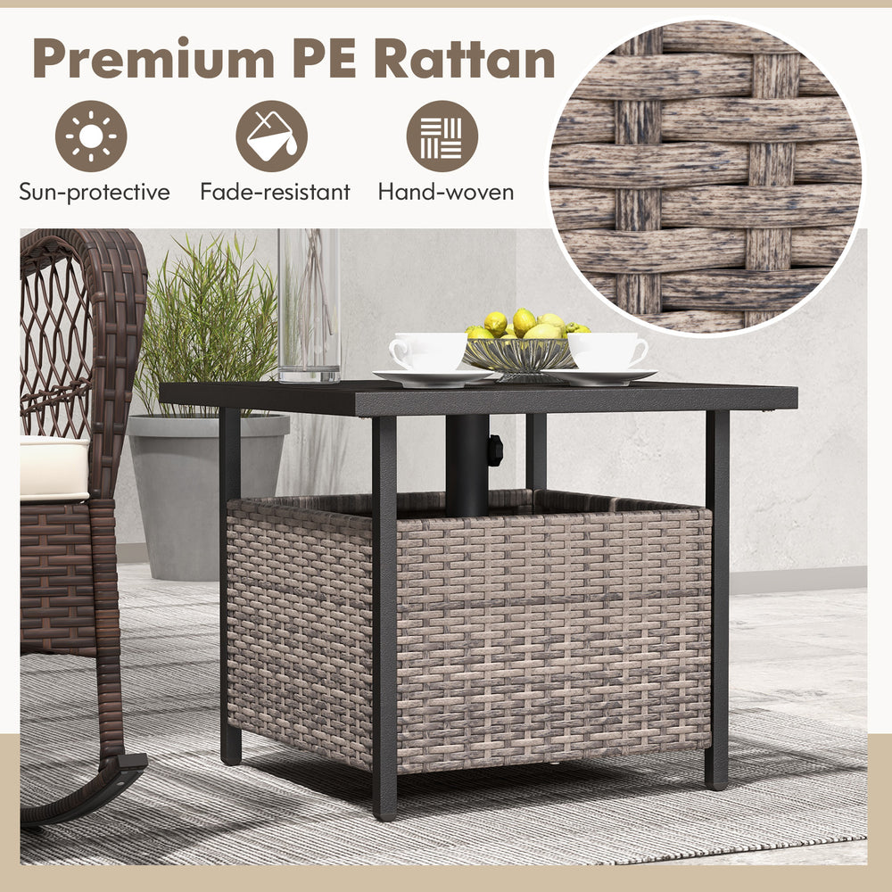 Gray outdoor patio rattan wicker side deck table with umbrella hole, featuring a sturdy steel frame and storage.