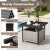 Gray outdoor patio side deck table with a sturdy steel frame, PE rattan storage, and umbrella hole for versatile use.