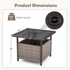 Gray outdoor patio rattan wicker side table with umbrella hole, featuring a sturdy steel frame and 110 lbs weight.