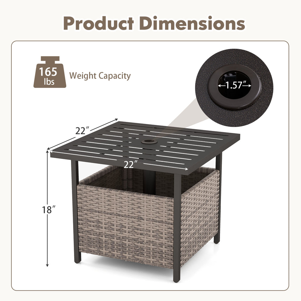 Gray outdoor patio rattan wicker side table with umbrella hole, featuring a sturdy steel frame and 110 lbs weight.