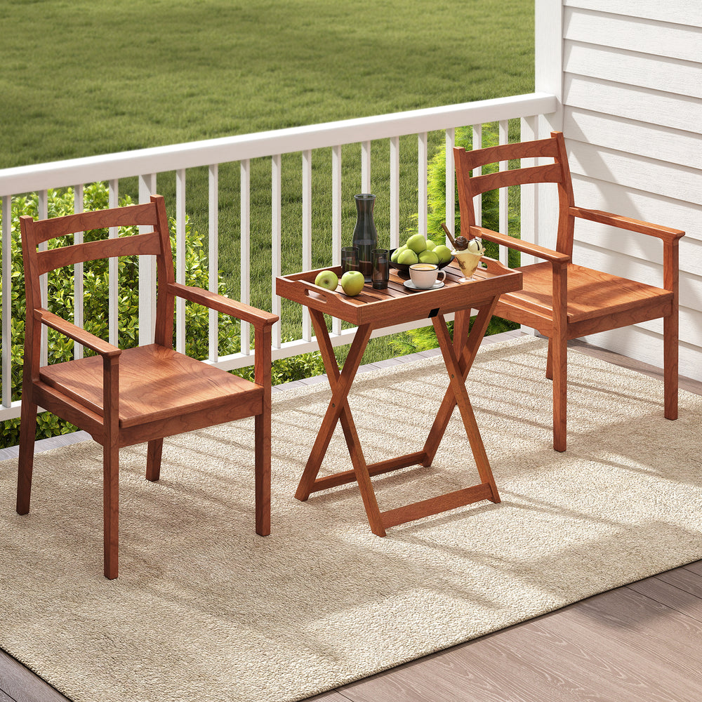 Solid wood outdoor patio tray table with removable top, foldable design, perfect for balcony or yard use.