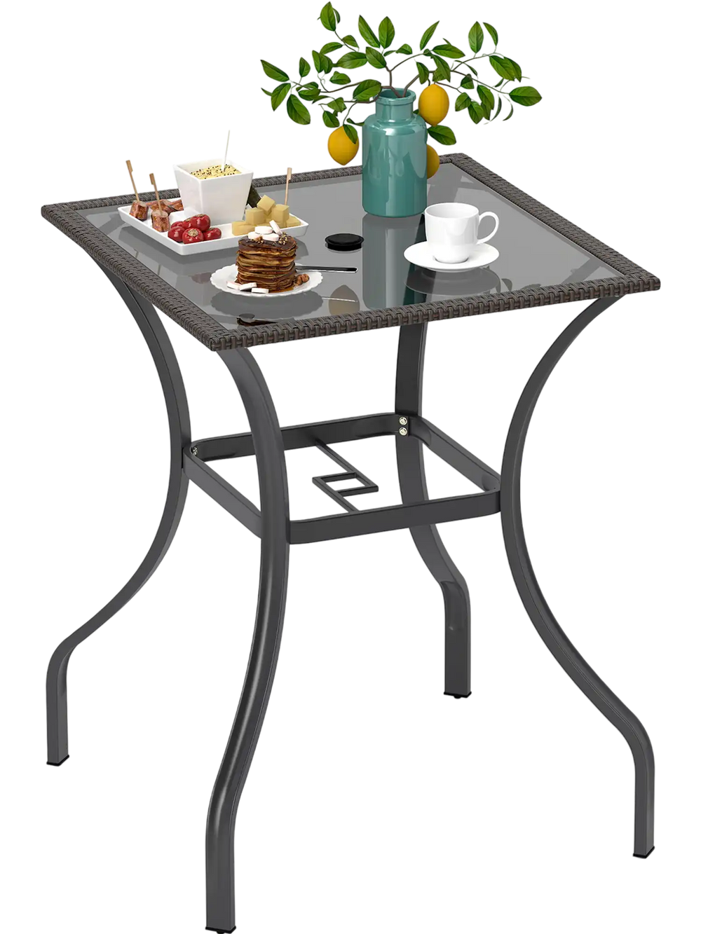 28.5 Inch Outdoor Patio Square Glass Top Table with Rattan Edging