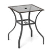 Square outdoor patio table with rattan edging and 5 mm thick glass top, perfect for indoor and outdoor use.