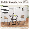 28.5-inch outdoor patio square glass top table with rattan edging and built-in umbrella hole for versatile use.