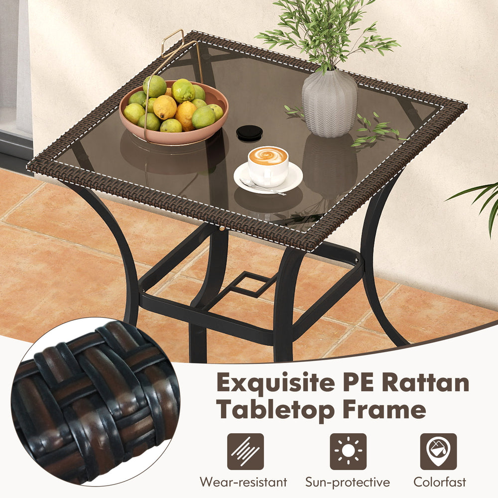 28.5-inch outdoor patio square table with rattan edging and glass top, perfect for indoor and outdoor use.