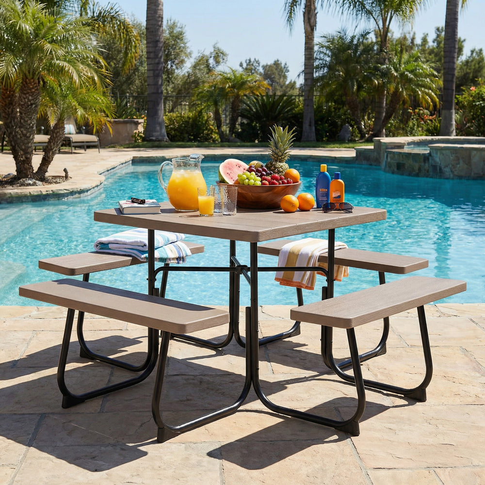 Outdoor Picnic Table with 4 Benches and Umbrella Hole-Brown - Gallery View 1 of 11