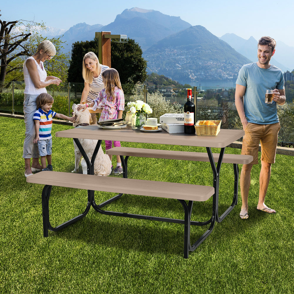 HDPE Outdoor Picnic Table Bench Set with Metal Base-Coffee - Gallery View 1 of 10