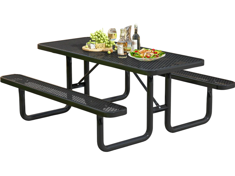 Outdoor picnic table and bench set in black, featuring a mesh grid design, suitable for 8 people in various outdoor.