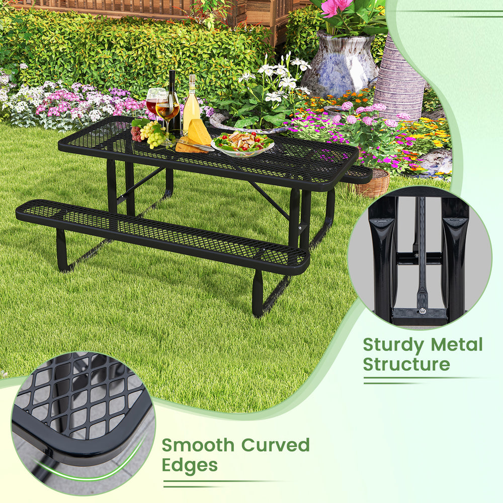 Outdoor picnic table and bench set in black, featuring a sturdy metal structure and mesh grid, perfect for 8 people.